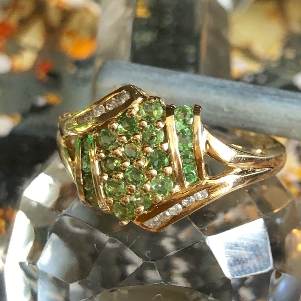 14 Karat Yellow Gold, Green Tourmaline And Diamond Ring Signed Sts Size 9